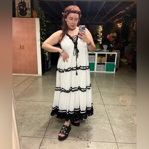 382B. White and Black Cotton Midi Dress